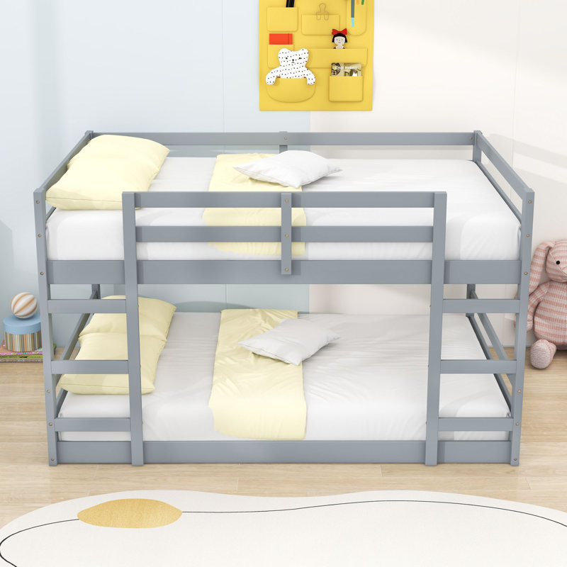 Wooden Bunk Bed With Dual Ladders,Sturdy Slats And Guardrails, Full Over Full, Gray