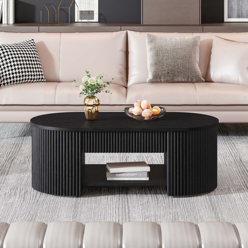 Table basse Mid-Century ovale avec tiroir Guinna, Chêne noir