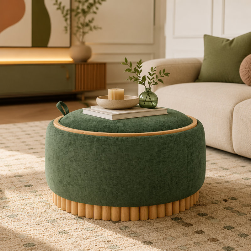 Repose-pieds de rangement rond 29 po avec pieds en bois massif, table basse moderne avec couvercle réversible, structure en bois, tissu chenille