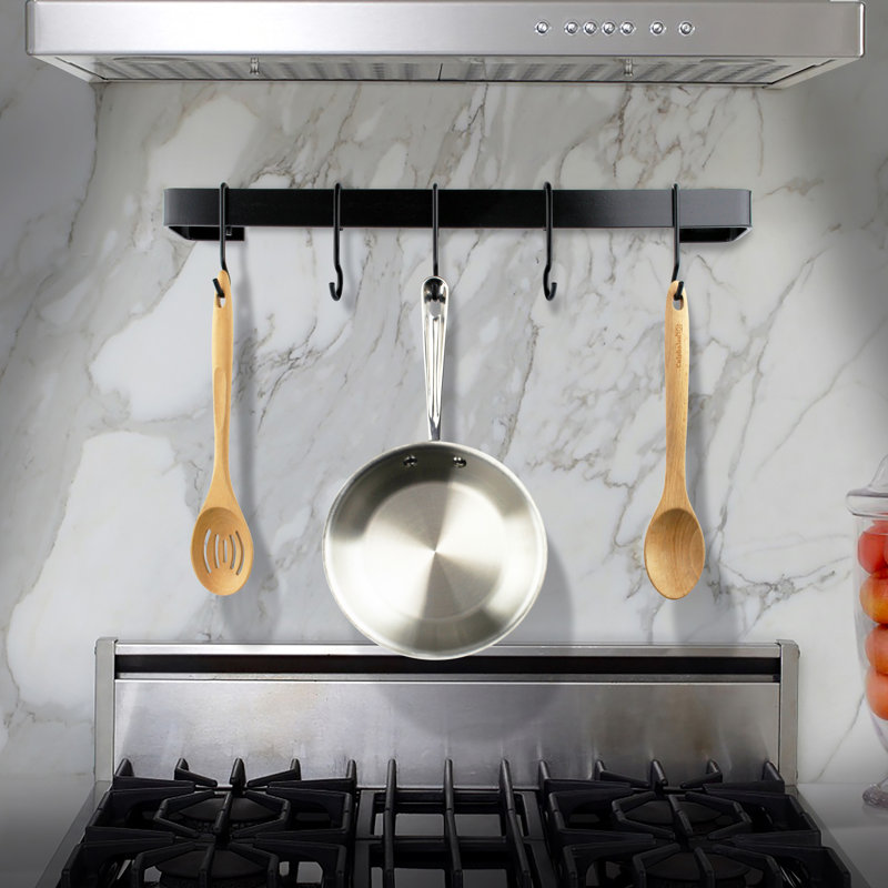 Handcrafted Wall Mounted Pot Rack, Brass, 3" H x 30" W x 3" D