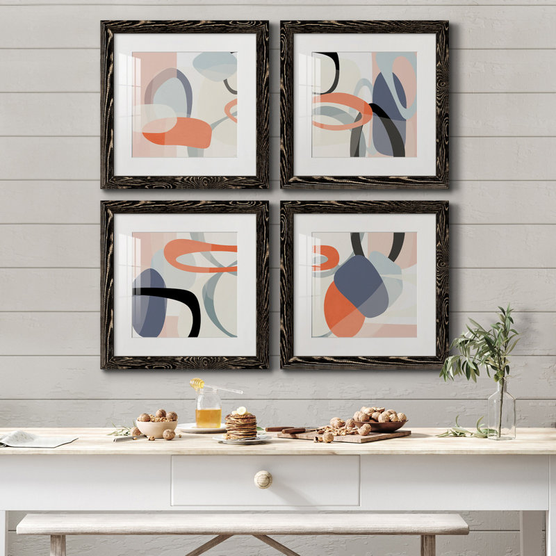 «Floating on Silk I», ensemble de 4 impressions sur toile encadrées, Cadre noir, H 27,5 po x l 110 po x P 1,5 po