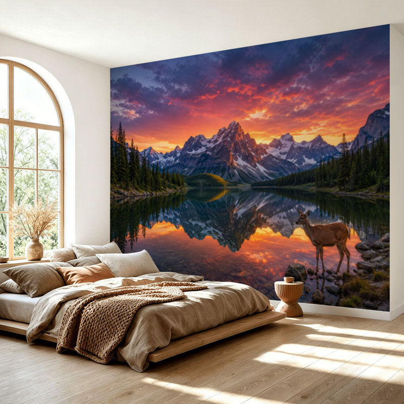 Papier peint adhésif autocollant Rocky Mountain Mule Deer Wading Lake Sunset, 69" L x 96" W