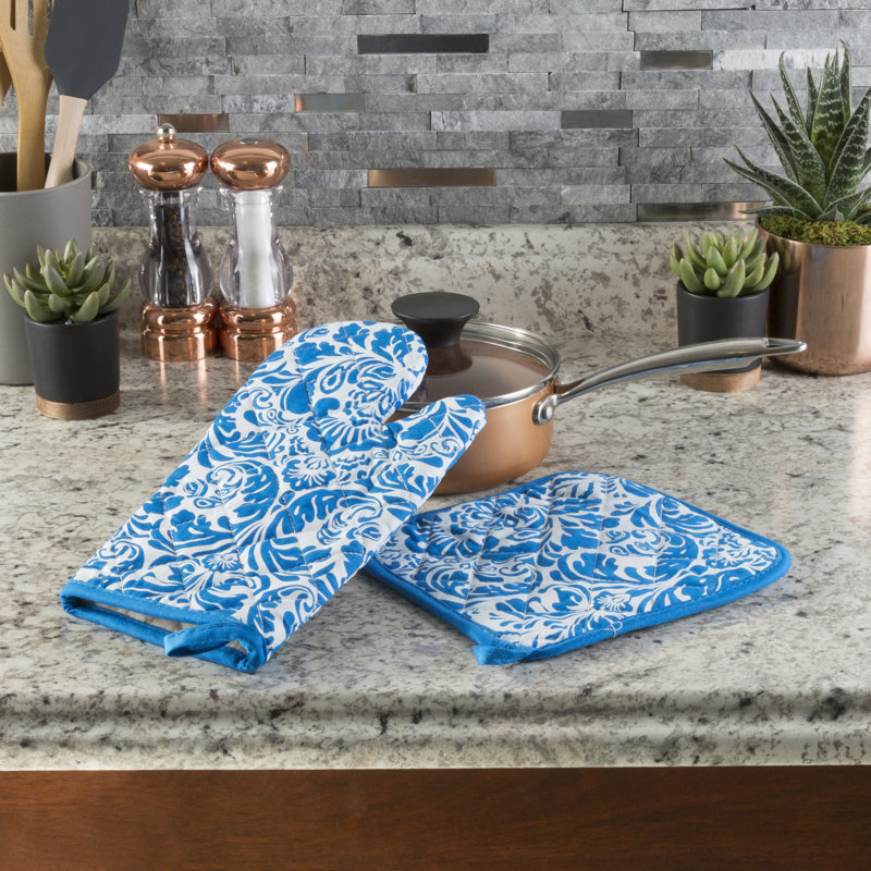 Blue and White Cotton Quilted Oven Mitt and Pot Holder Set