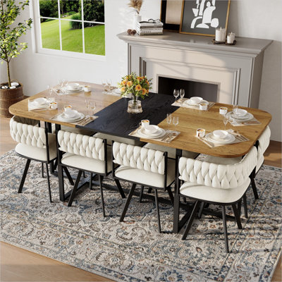 9-Piece Square Dining Set with 8 Velvet Chairs, Fixed Two-Tone Wood Black Tabletop, Seats 8