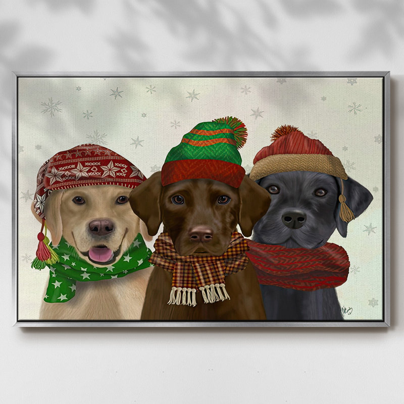 Christmas 3 Winter Labs, reproduction d'art sur toile, H 17 po x l 25 po x P 1,5 po, Encadrement argenté