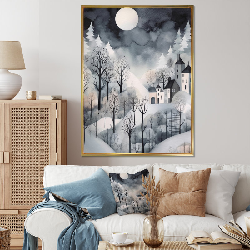 «Grey Cream Nordic Village», reproduction sur toile, Cadre flottant doré, H 32 po x l 16 po x P 1 po
