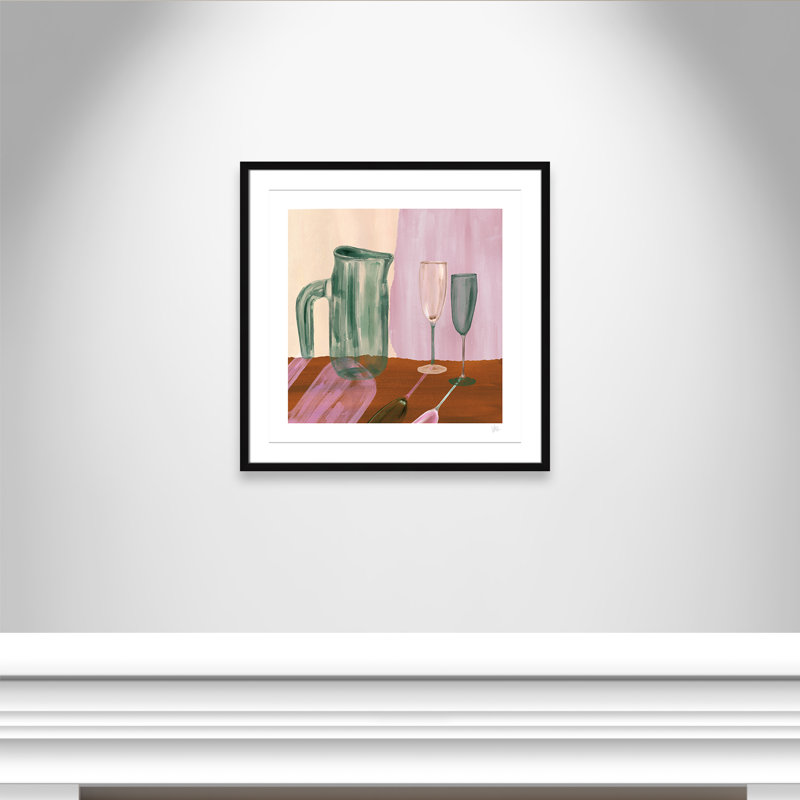 «Jug and Champagne Flutes Print» par Violets Print House, L 27,5 po x H 27,5 po, Imprimé mat, Noir satiné