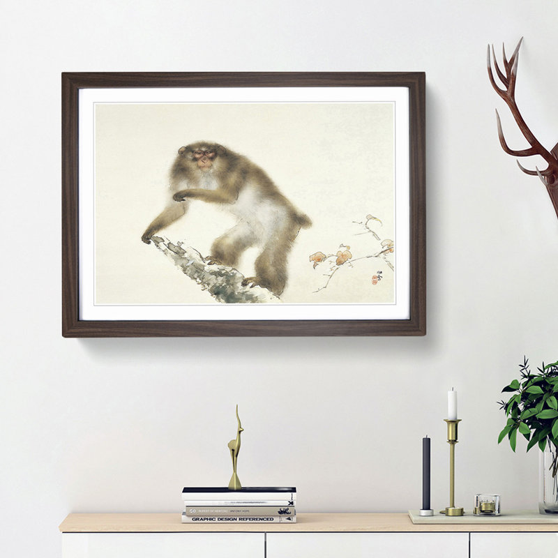 Monkey by Kansetsu Hashimoto - Picture Frame Painting Print, 48cm H x 65cm W x 2cm D, Walnut Framed