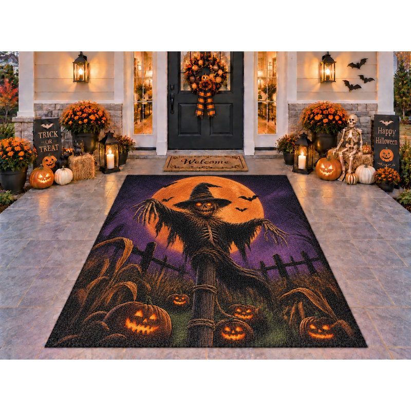 Tapis d'extérieur 152 x 213 cm (5 pi x 7 pi) à motif épouvantail, crâne et cimetière, en PVC épais, imperméable et résistant, à boucles, idéal pour terrasse, balcon, entrée ou intérieur. Séchage rapide.