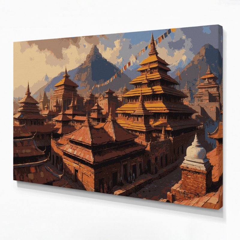 Art mural sur toile brun, "Villes de Katmandou" au Népal, H 11 po x l 14 po