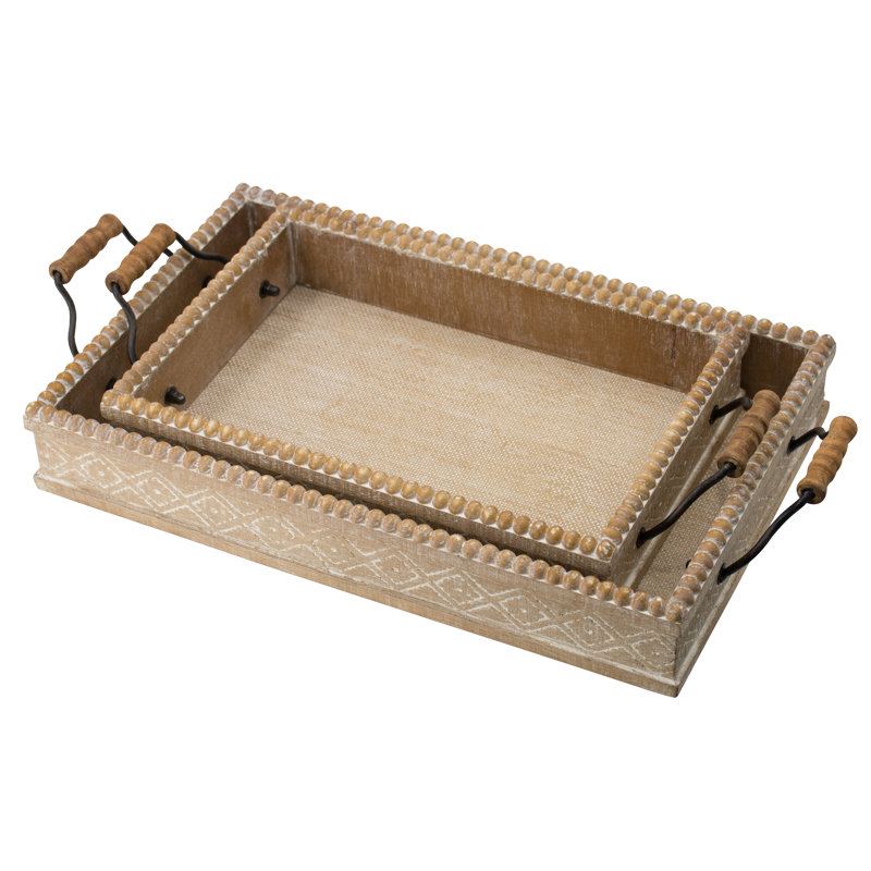 Set of 2 Rustic Brown Fir Wood and Iron Trays with Beaded Trim, Farmhouse Nesting Trays with Handles for Serving, Organizing, or Display, 19” and 16”