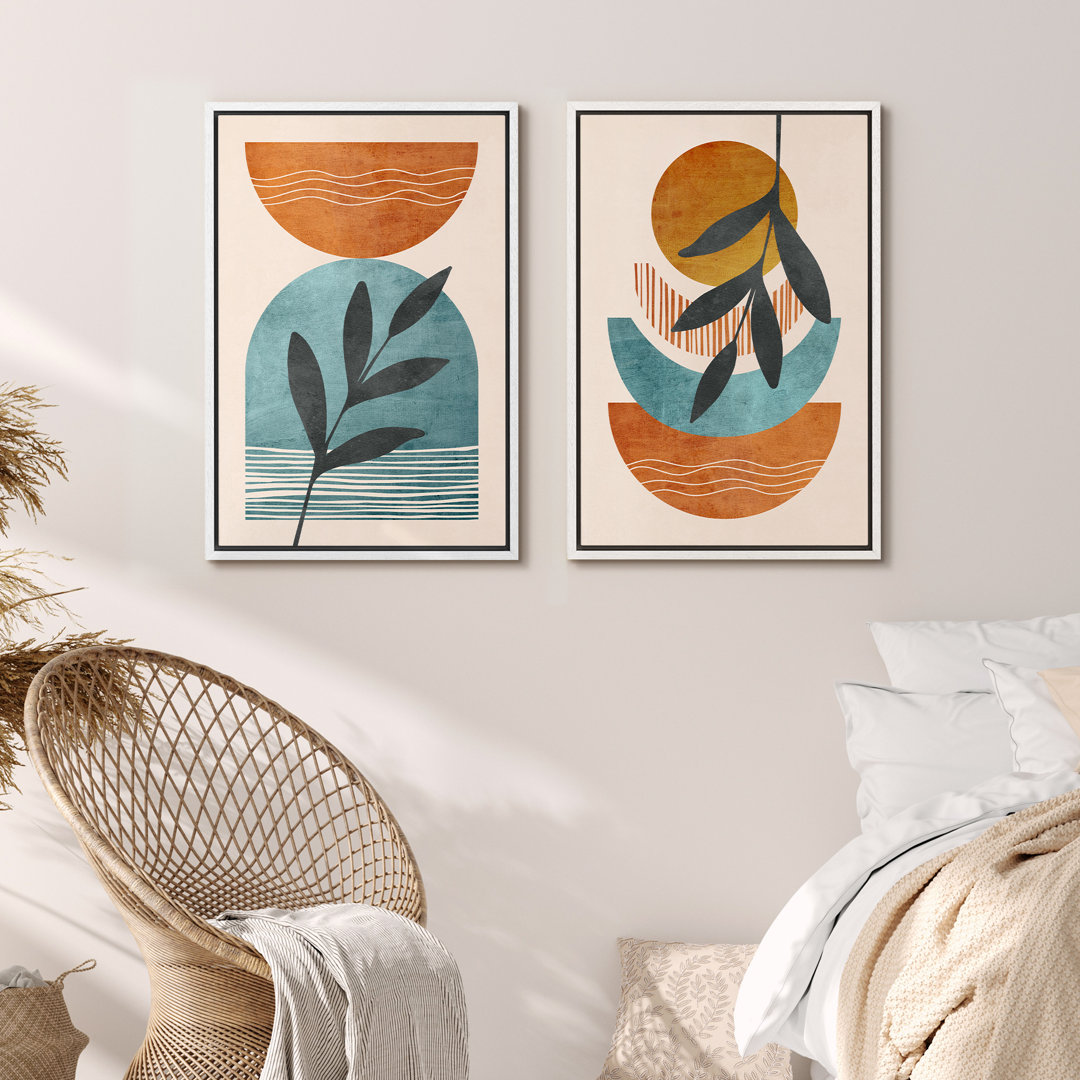 Mid Century Shape Orange Green Pastel Polygon Abstract Modern Framed Canvas 2 Pieces Print Wall Art IDEA4WALL Frame 