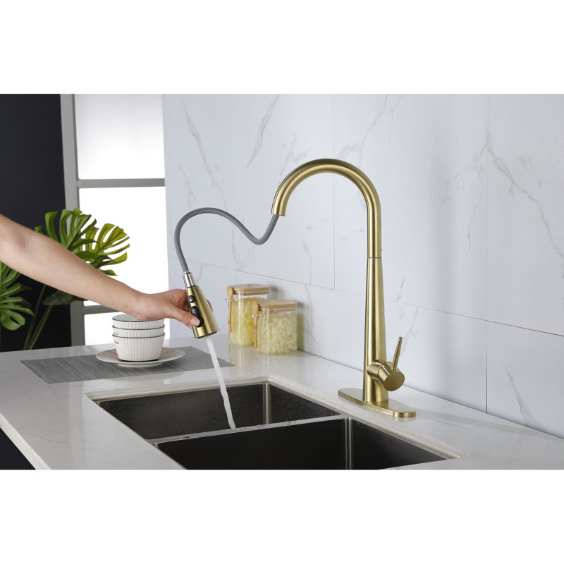Robinet de cuisine doré, acier inoxydable, rétractable, compatible avec un évier de 8 po de large, une poignée à rotation de 360 degrés,