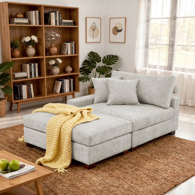 Chaise longue rembourrée, Blanc cassé, Orienté à gauche (vu de face)