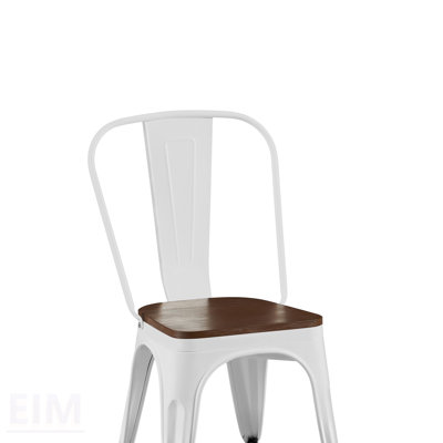 Ensemble de 2 chaises de salle à manger industrielles en métal blanc lustré avec siège en bois noyer, empilables et durables pour une utilisation intérieure et extérieure