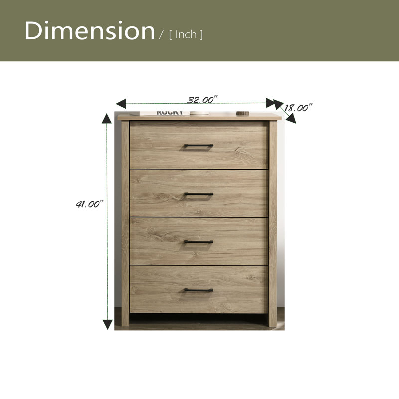 32"W 4-Drawer Chest With Silver Handles, Light Oak
