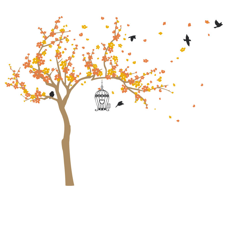 Décalcomanie murale Arbre en fleurs et oiseaux, H 72 po x l 92 po x p 0,01 po, Orange / Jaune