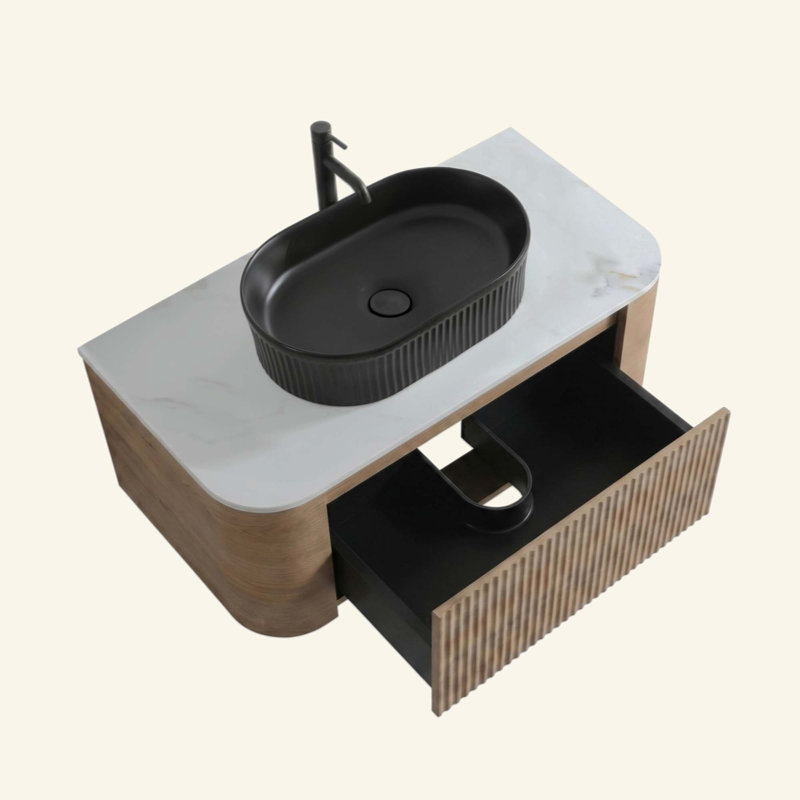 Meuble-lavabo de salle de bain avec lavabo, armoire murale avec porte-serviettes gratuit, conception de lavabo simple en céramique rayée ovale noire, sans drain et robinet, pré-assemblé