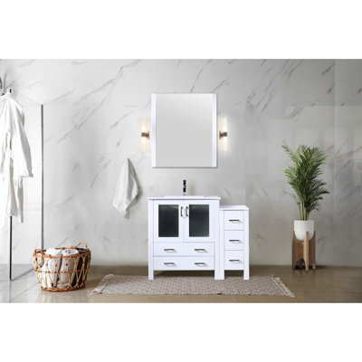 White Bath Vanity 42 In. - Solid Wood Side Cabinet Included Ceramic Top Soft Close Mechanism And To Damage Vanity, With Feature Long-Term Use