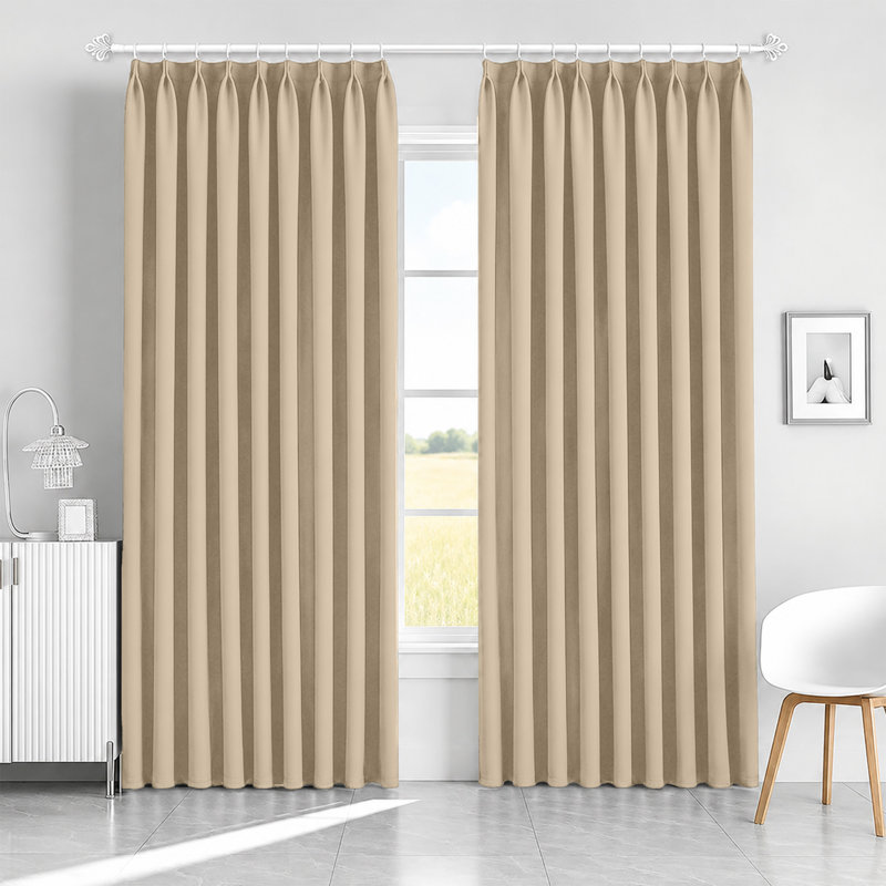 Blackout Pencil Pleat Curtains - Thermal Insulated, Light Blocking Window Drapes, 117cm Width x 137cm Drop, Cream
