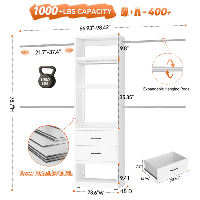 Metal Closet System, 4ft-8ft Custom Closet Organizer System With 4 Expandable Hanging Rods And Metal Tower,79" Walk In Closet System With 2 Drawers, Custom Built In Closet