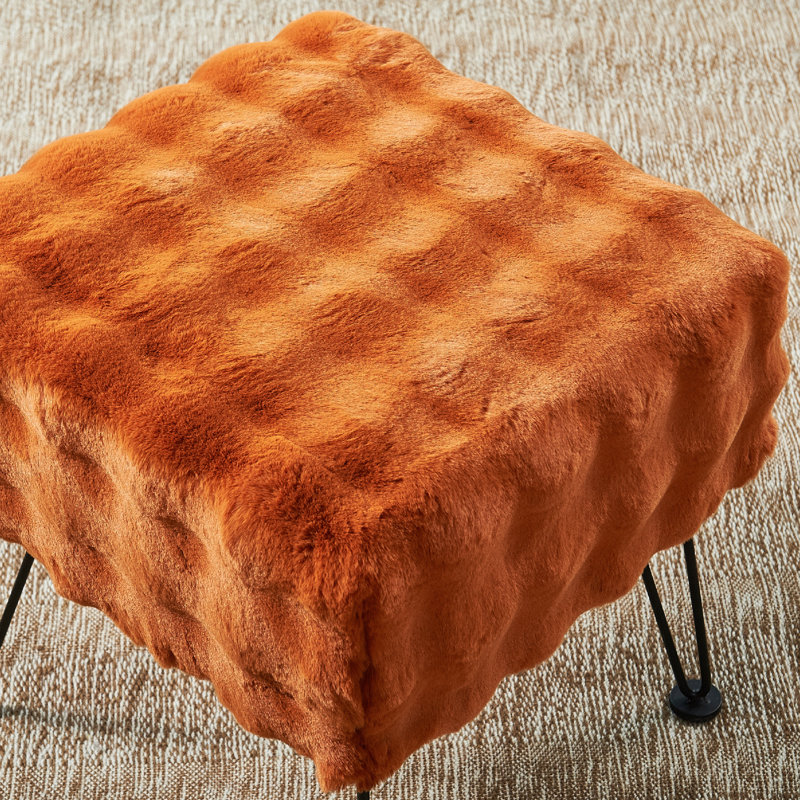 Upholstered Ottoman, Burnt Orange Faux Fur