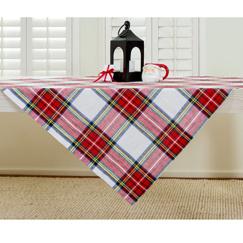 Stewart Plaid - 100% Pure Linen Christmas Table Runner, 108" x 14", Red/White