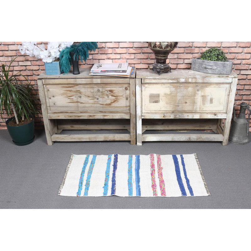 Handwoven Turkish Small Rug in White Featuring Vintage Anatolian Design for the Entryway
