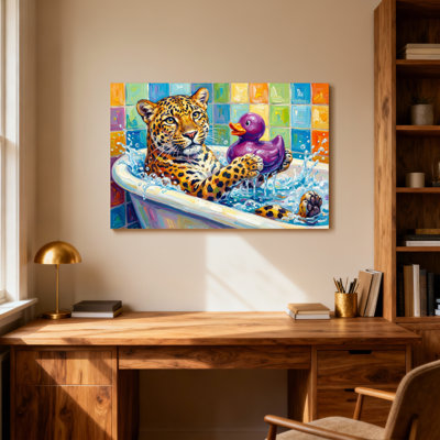 Animals Leopard Bathing With Purple Duck