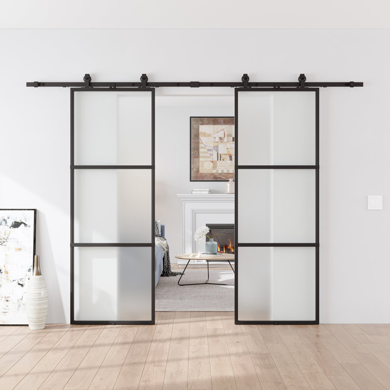 Porte de grange double coulissante en métal et en verre avec quincaillerie d'installation (fermeture en douceur incluse)