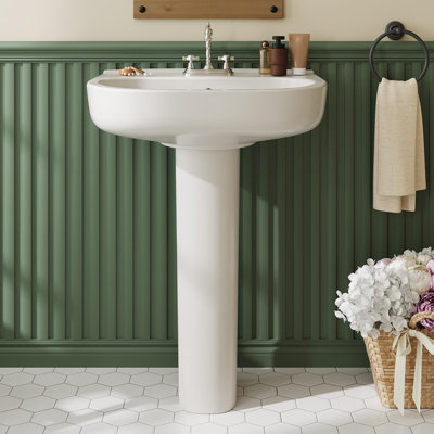 Lavabo de salle de bain blanc rectangulaire à piédestal en céramique avec dosseret, trop-plein et 3 trous de robinet pour un espacement de 8 pouces