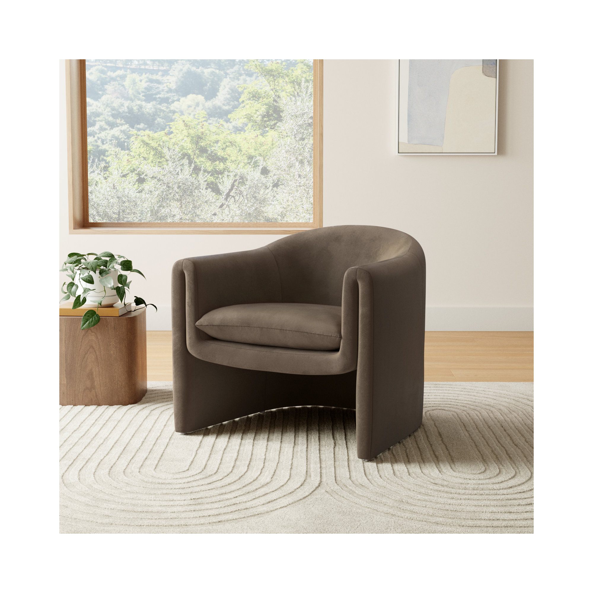 Pollman Upholstered Barrel Chair, Dark Brown Velvet