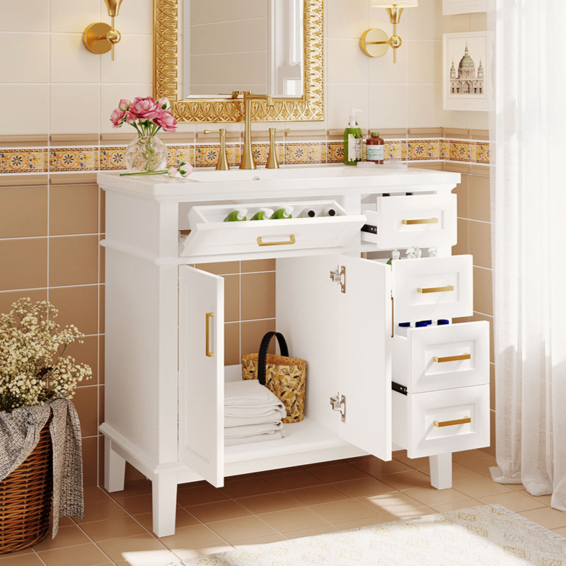 Meuble-lavabo moderne de 36 po avec lavabo 36 po avec lavabo et deux tiroirs à fermeture douce, Blanc