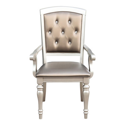 2 Arm Chairs With Silver Fabric And Crystal Button Tufting For Stylish Dining Area Upholstered Tufting, Of Chic Taste