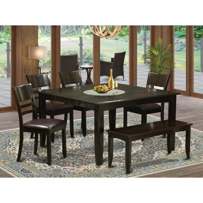 6 Piece Dining Set Contains a Square Dining Room Table with Butterfly Leaf and 4 Faux Leather Kitchen Chairs with a Bench, Cappuccino
