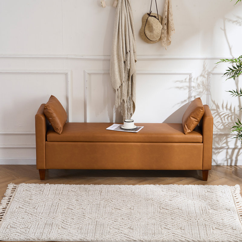 Banc de rangement rembourré 60 po avec accoudoirs Shaneta, Simili cuir, Camel