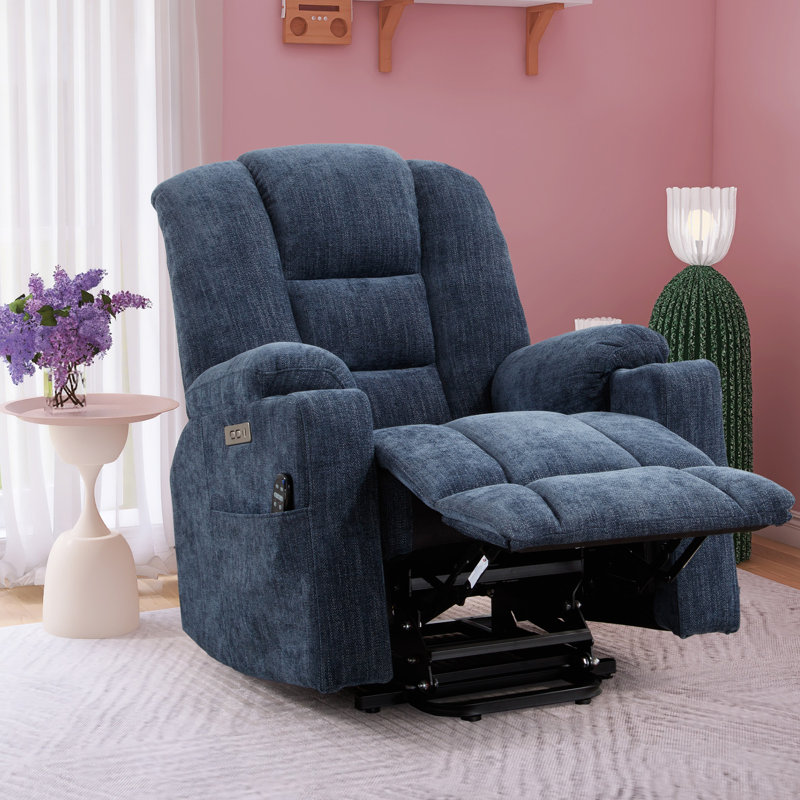 Chemika 34.25"W Chenille Power Liftable Heated Recliner, Remote, USB Port, Blue