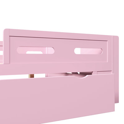 Wood Full Size Platform Bed with Guardrail and Drawer, Pink