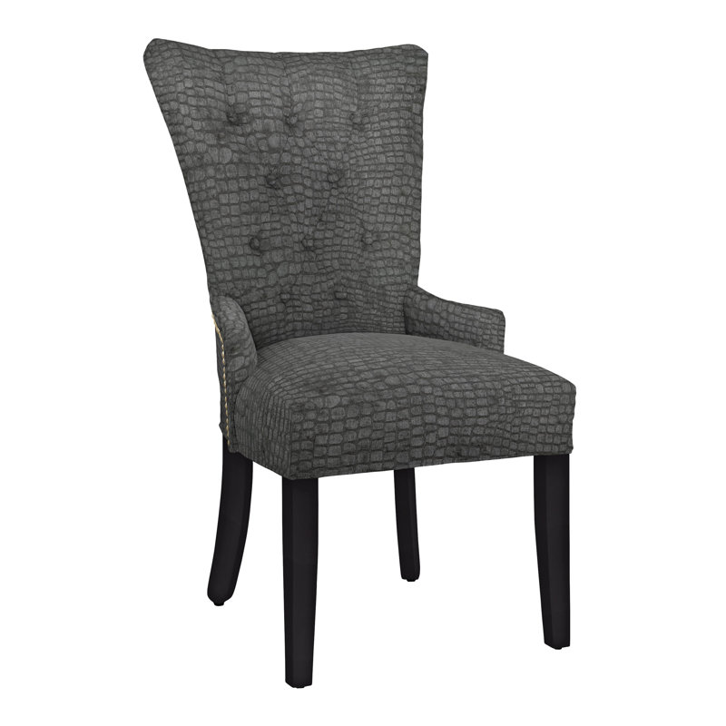 Upholstered Dining Chair, Brass, Gray, Black Satin