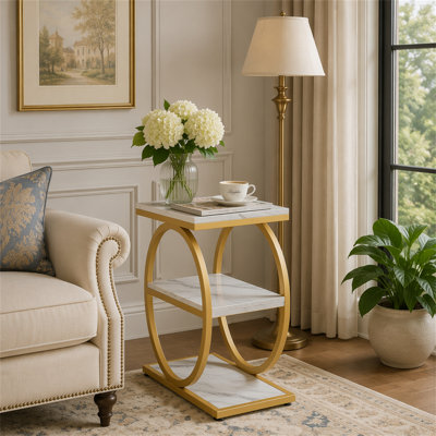 3-Tier End Table, Industrial Sofa Side Table with Round Metal Frame