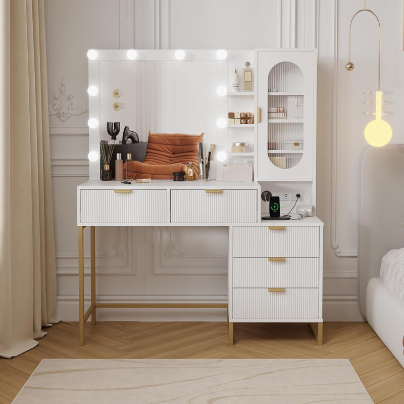 Modern Vanity Makeup Desk With Vanity Mirror, Built-in Lights, 5 Drawers, Power Outlet, Makeup Desk For Bedroom