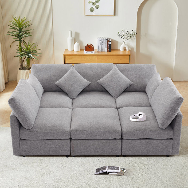 Canapé-lit modulaire rembourré 6 pièces Virelle, Chenille gris pâle