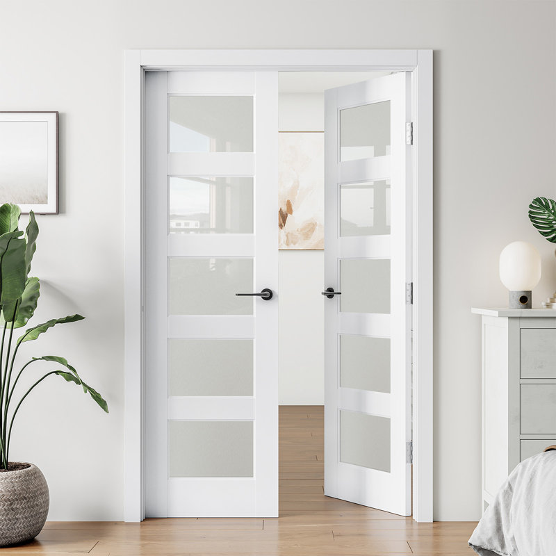 Portes en bois massif en verre givré apprêté 5-Lite sans cadre ni quincaillerie, 72 po x 80 po