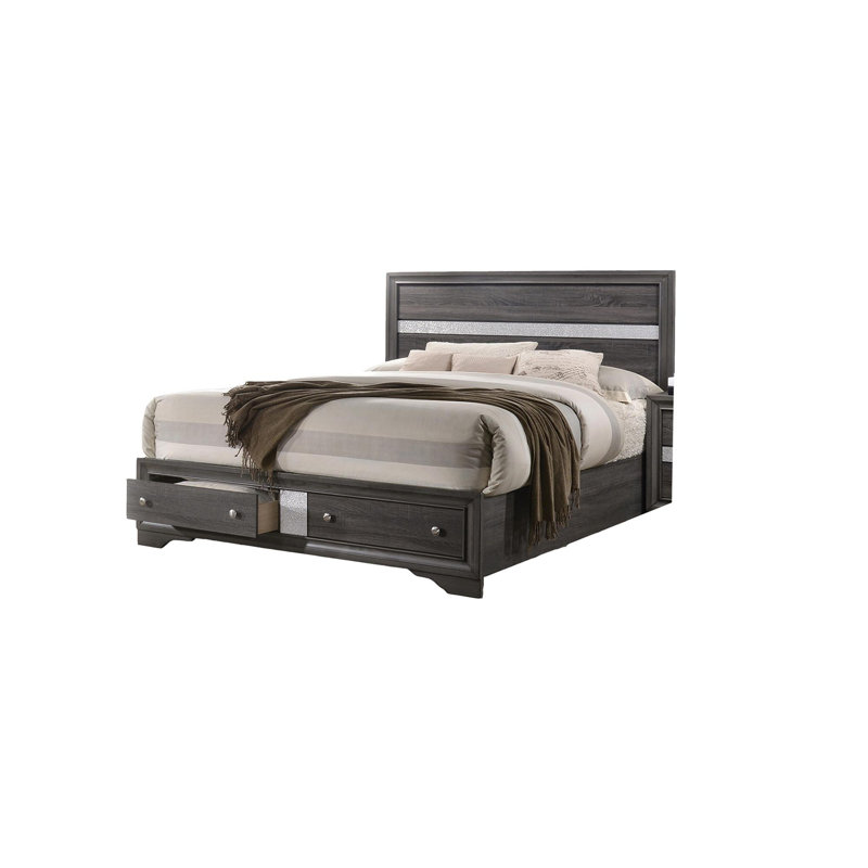 Lit plateforme avec rangement en bois massif Ashlock, Gris, Lit double