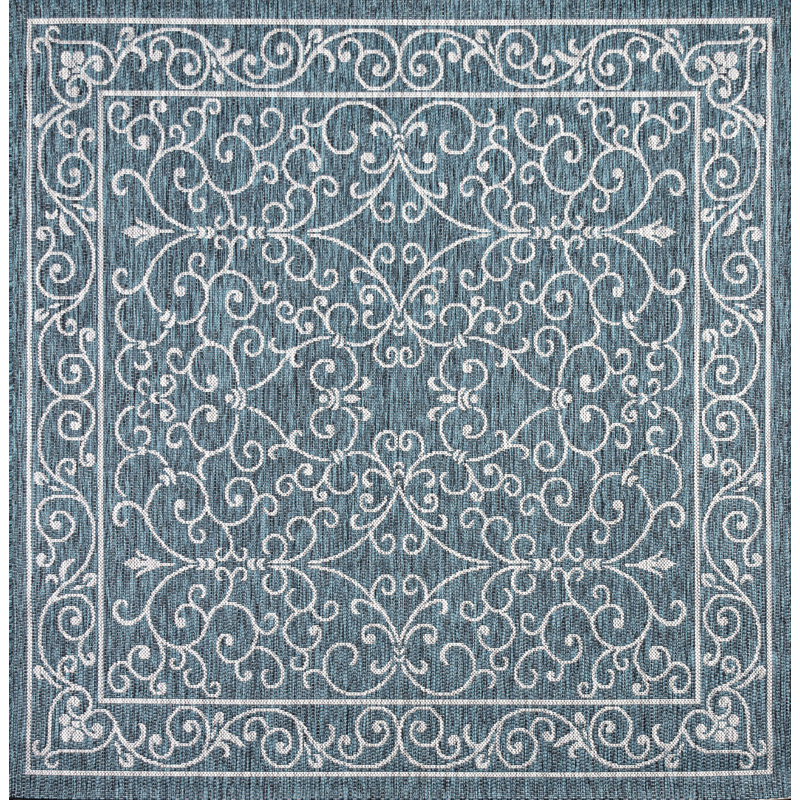 Hagerman Vintage Filigree Textured Weave Teal/Gray Indoor/Outdoor Rug, Square 9'