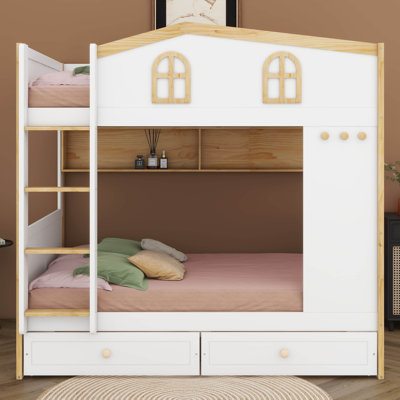 Lit superposé House avec tiroirs et tablettes de rangement, cadre de lit superposé en bois avec garde-corps et échelle en forme de maison
