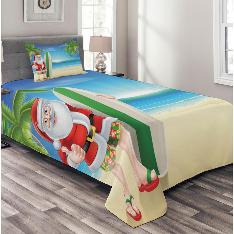 Santa Surfboard Twin Quilted Bedspread Set in White