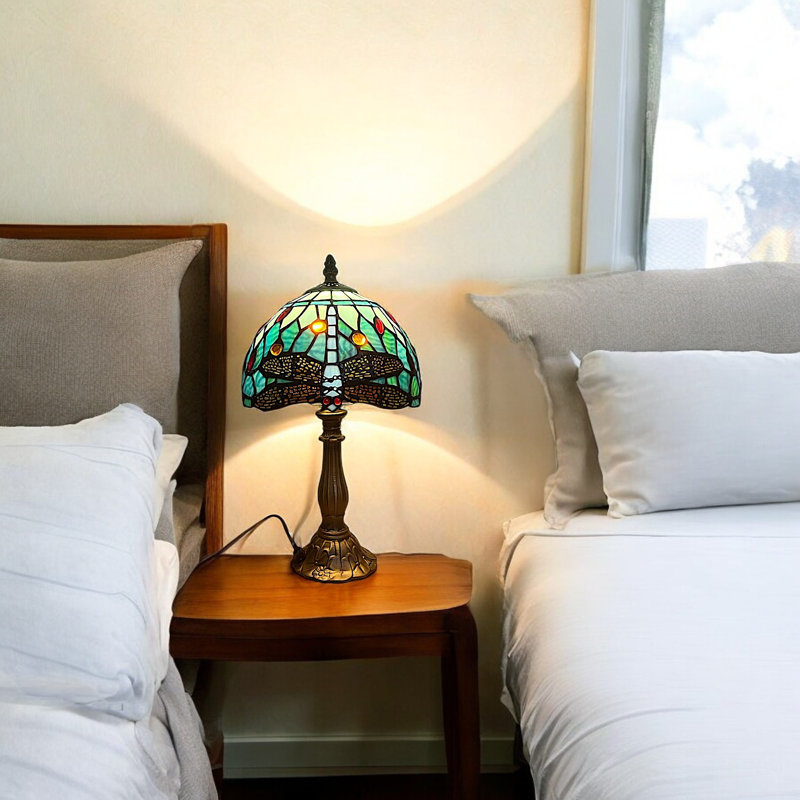 Classic Tiffany Style Table Lamp, 20cm Stained Glass Dragonfly Shade, 37cm Height, (Aqua Blue)