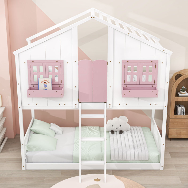 Lit superposé simple au-dessus d'un lit simple en bois avec boîte de rangement, garde-corps et échelle, Blanc rose