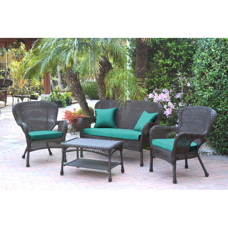 Bellas 4 Piece Sofa Set with Cushions, Espresso, Turquoise
